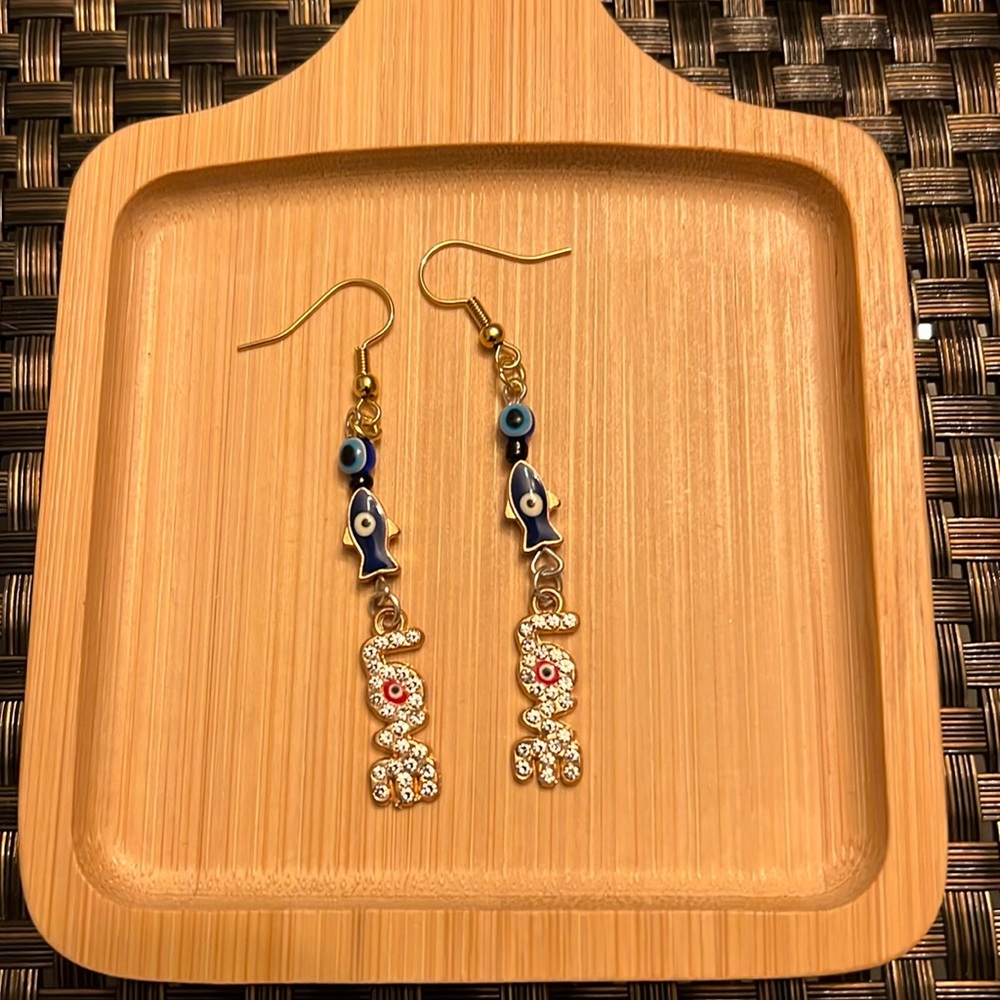 Evil Eye 🧿 Protection Gold Tone Dangle Earrings